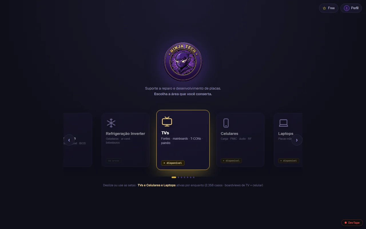 App Ninja Tech: escolha a categoria de reparo — TVs, celulares, laptops e refrigeração